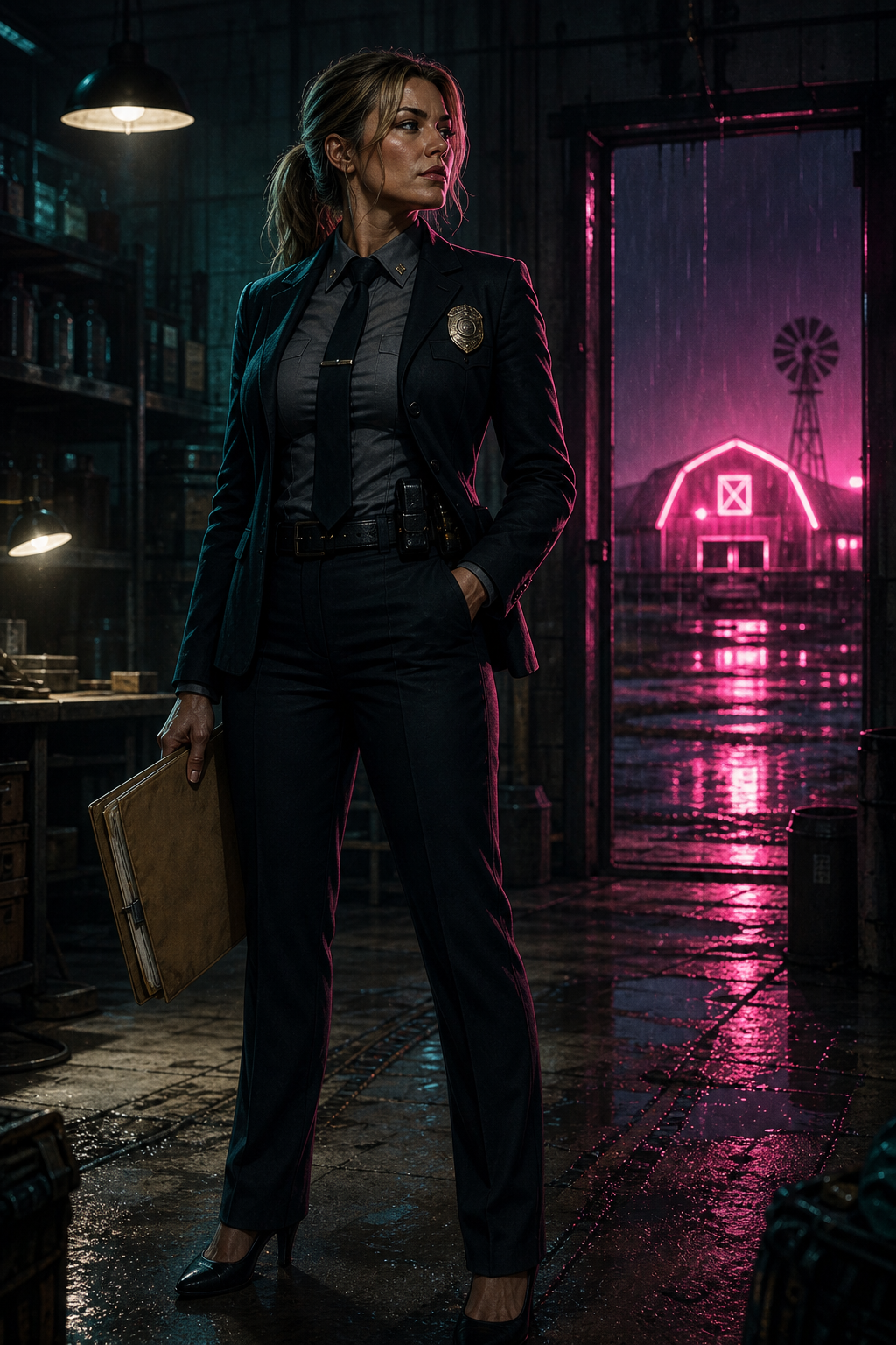 Generated noir warehouse art with a tall adult detective in a fitted uniform.