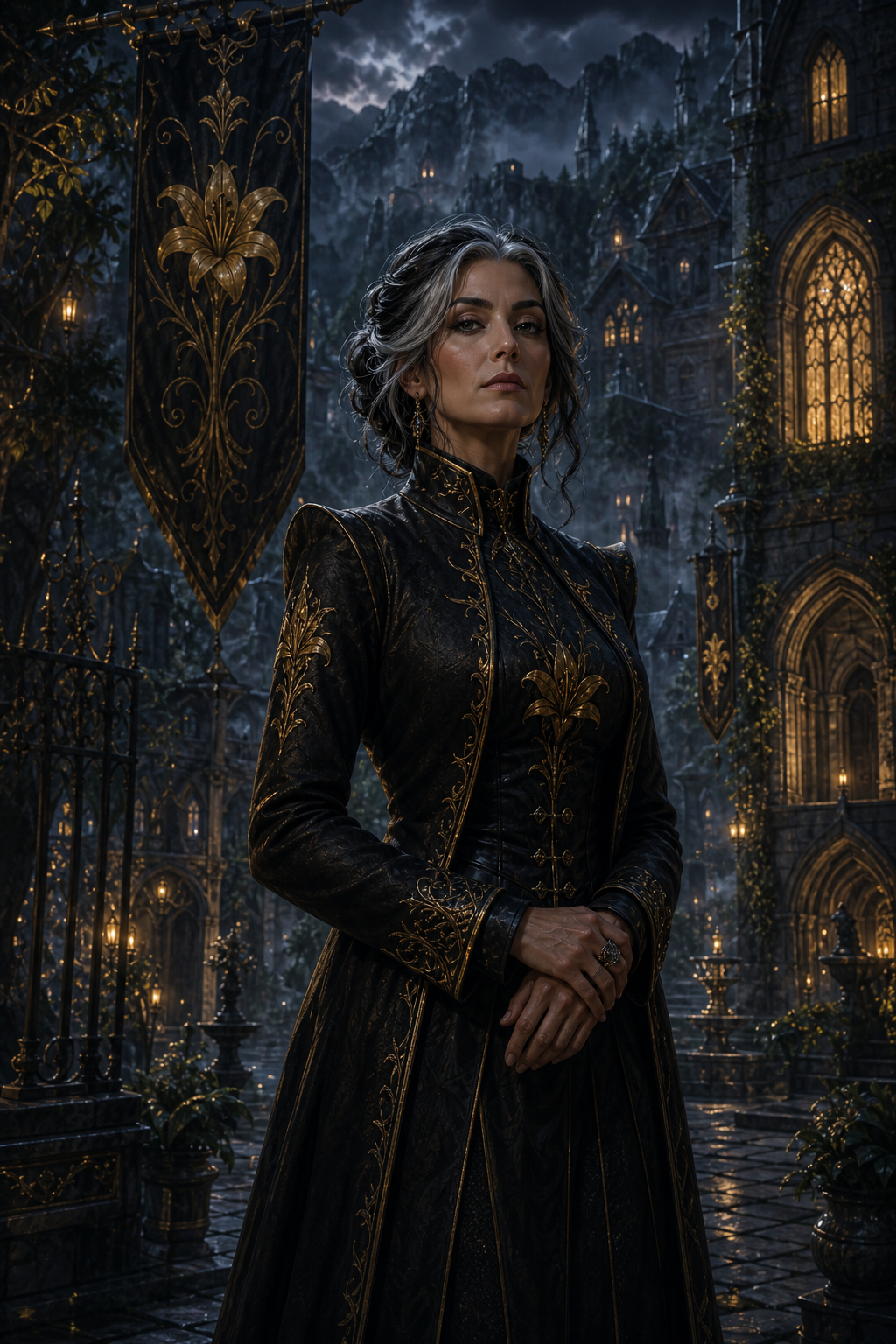 Generated gothic academy art with mist, gold lily motifs, and a tastefully dressed adult woman.