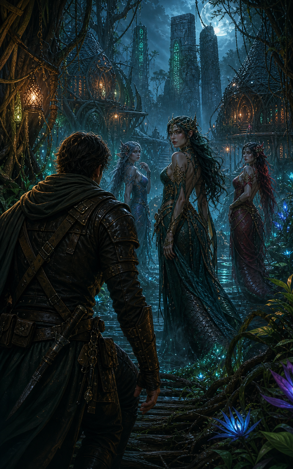Generated fantasy swamp settlement with adult humanoid fantasy women and an adventurer.