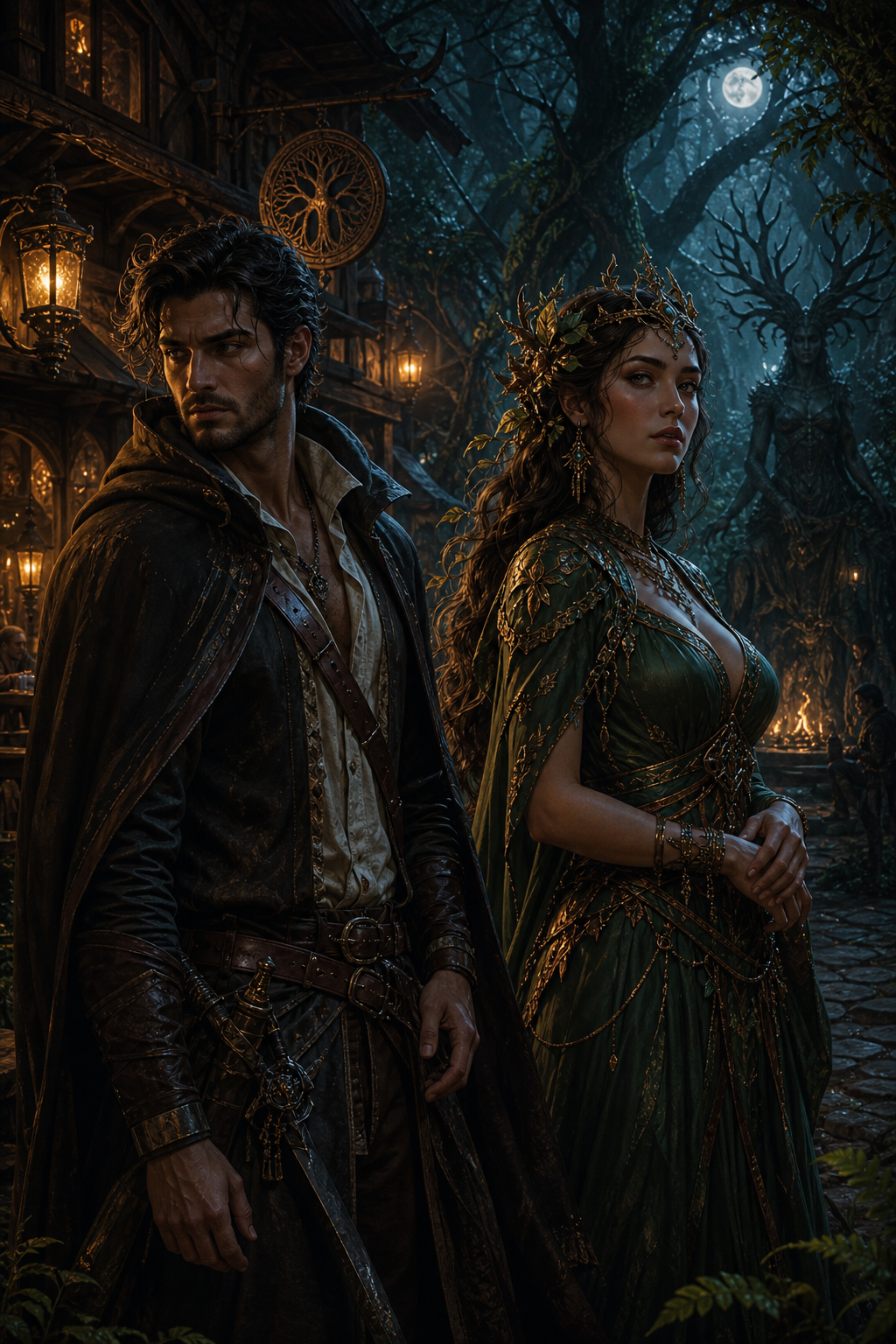 Generated mythic forest tavern art with adult fantasy figures in layered clothing.