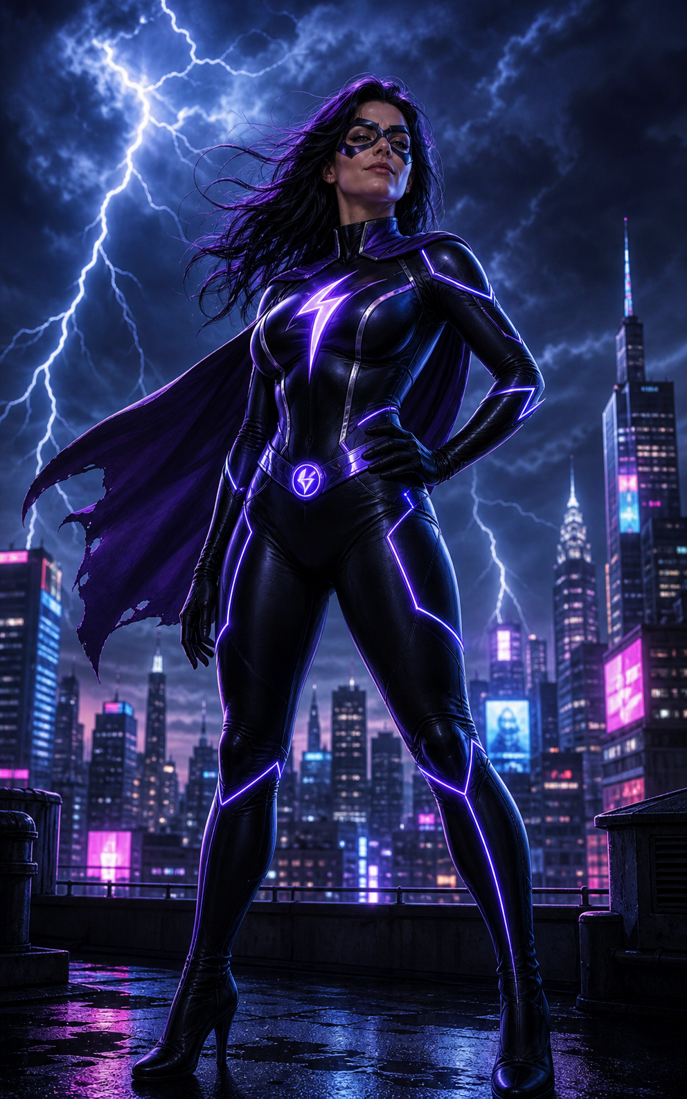 Generated adult superhero rooftop art with a fully suited woman looking over a neon city.